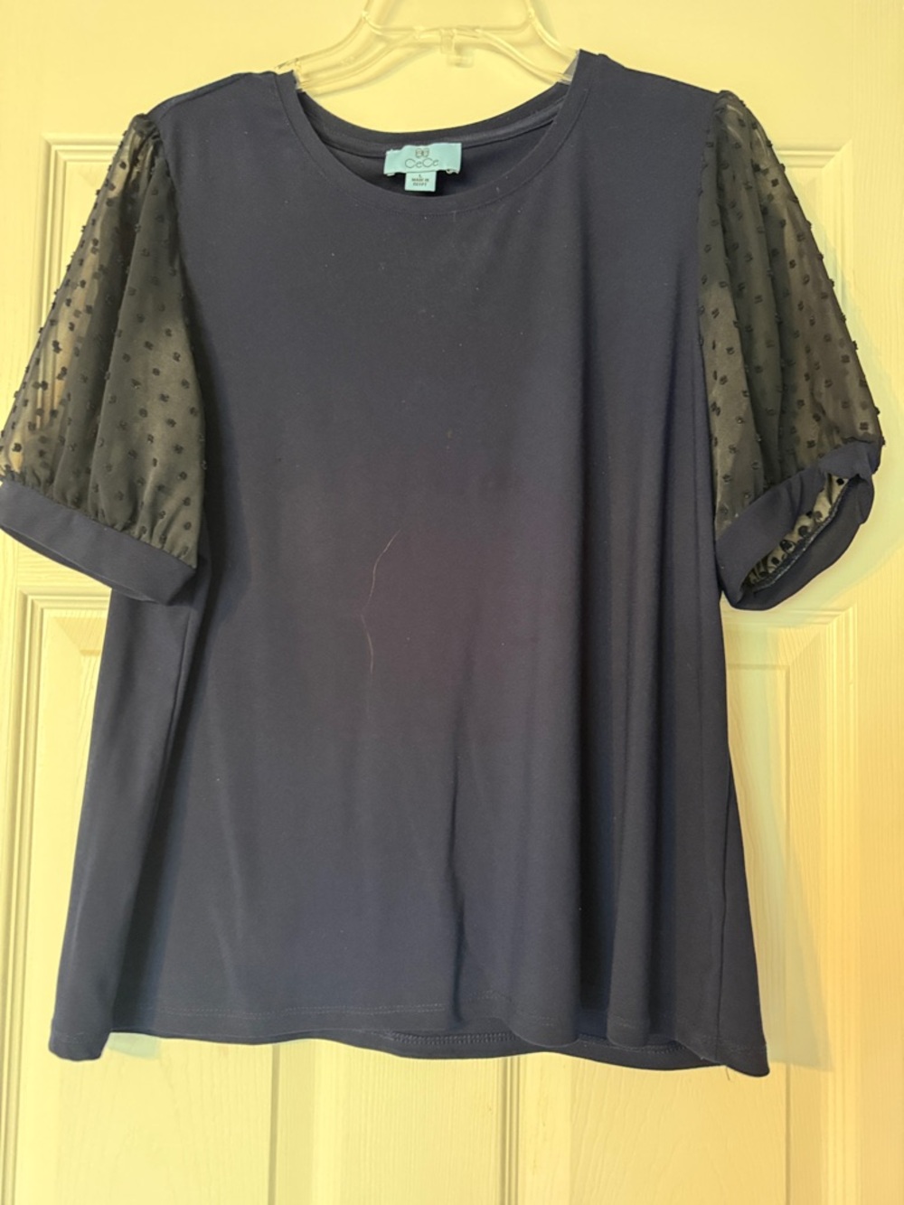 CeCe Navy Short Sleeve Tee with Sheer Dot Puff Sleeves